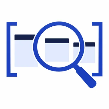 A magnifying lens examines three record tiles within an open bracket.