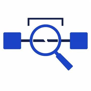 A magnifying lens examines a broken connection between two procedural steps.